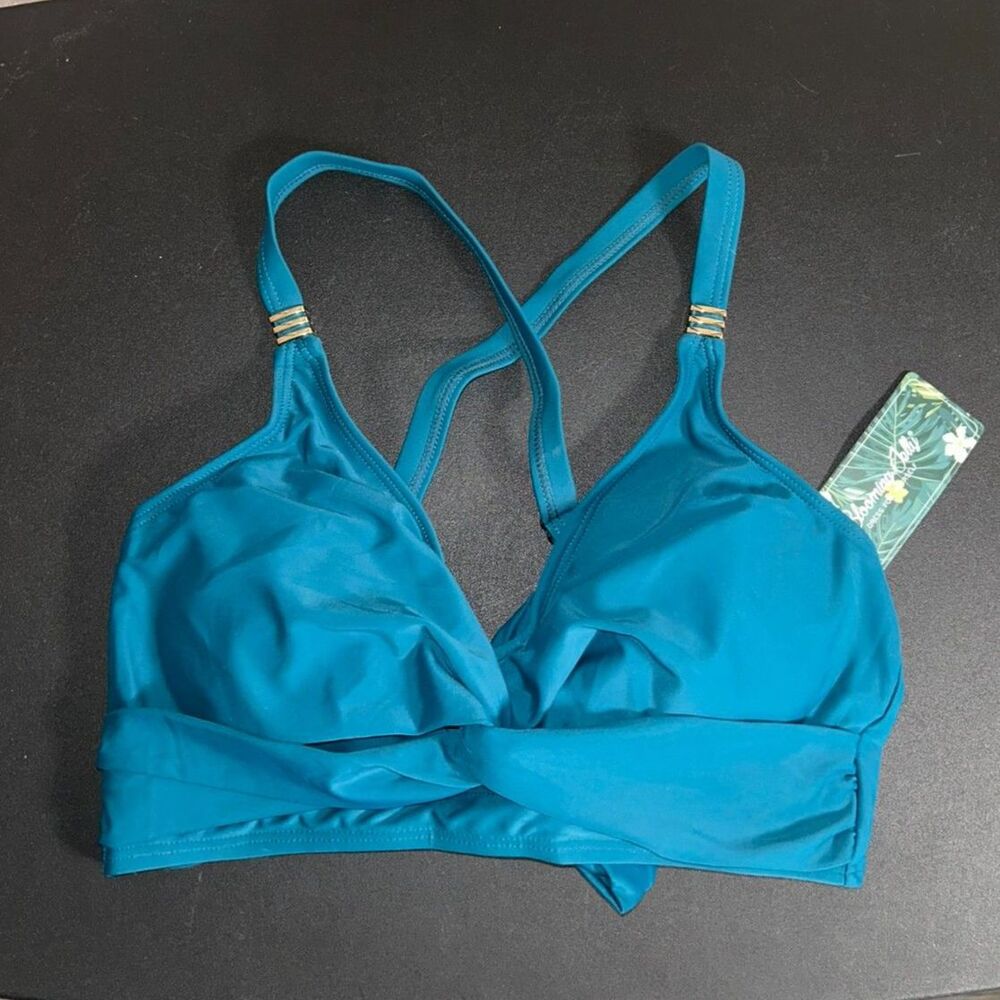 NWT Blooming Jelly Teal Wrap Bikini Top M Racerback Tie Back Padded
